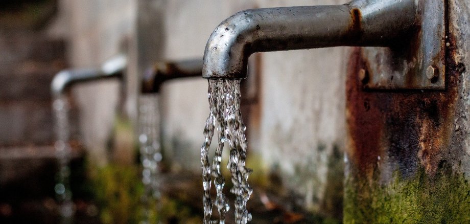 Drei Wasserhähne aus denen Wasser in ein Becken läuft